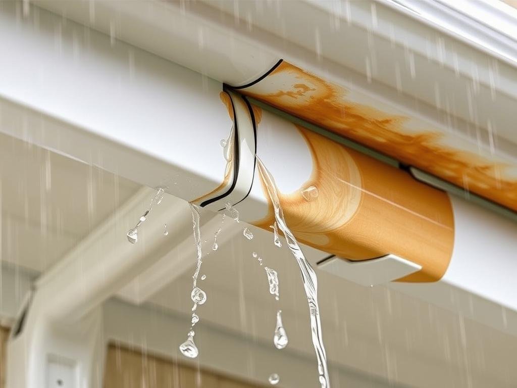 Leaking gutter joints causing water damage to home exterior