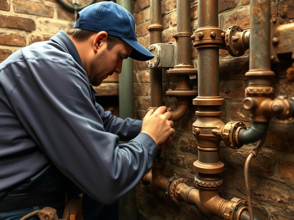 Plumber working on old pipes in historic New York building