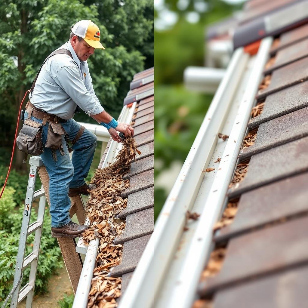 Professional gutter cleaning service in progress