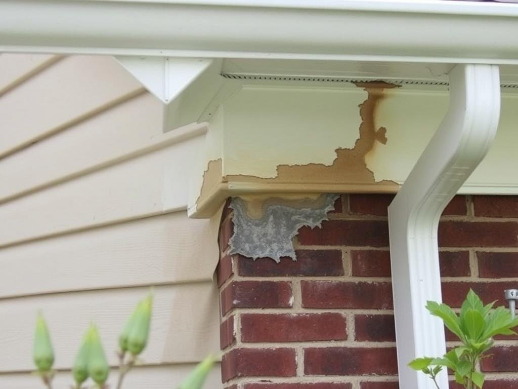 Water damage on exterior wall from faulty gutters